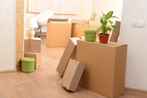 Packed student boxes ready for relocation in Canary Wharf